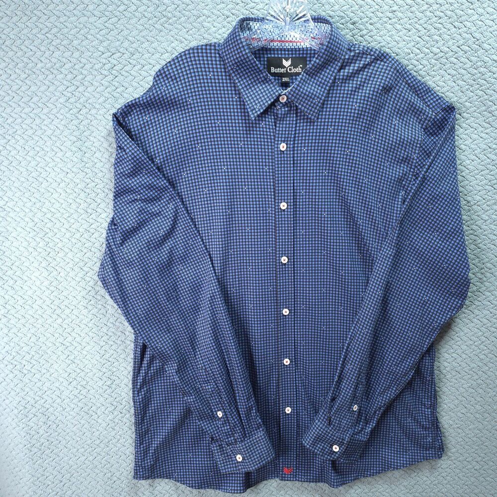 Butter Cloth Button Up Shirt Men Blue Black Micr Check Plaid 2XL Business Casual